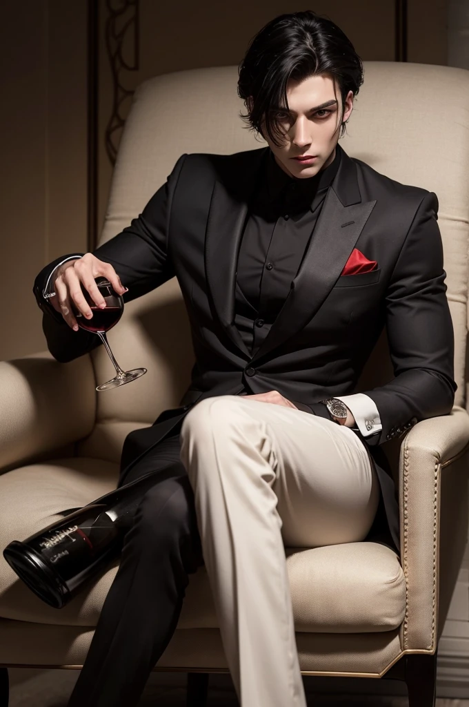 Raise a 25 year old man, tall with mobster outfit, with clear skin, Bblack hair, red pupils and a muscular body, holding a glass of wine sitting on a chair.