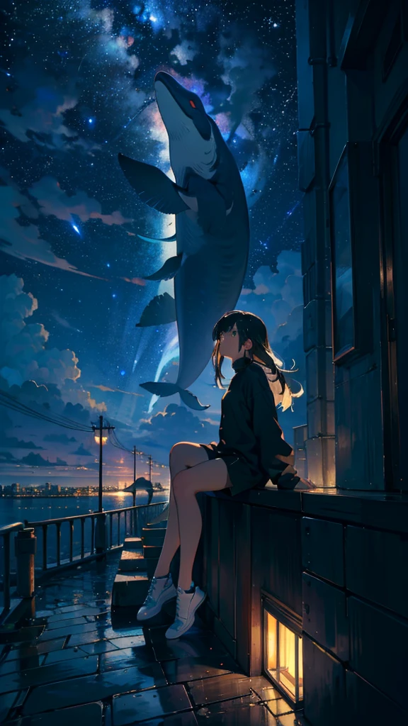 masterpiece, Exquisite detail,Highest quality, One girl, alone, handrail, cloud, Looking up at the buildings,Long Hair, NULL, Long sleeve, Power lines, White footwear, Black Hair, View your viewers, Electric pole, bangs, cloudy NULL, fish, bird, Green Eyes, Shorts, Day, Black Shirt, barefoot,Whale flying in the sky,Giant whale,night,star,milky way,night,Pitch black,Buildings,Sitting