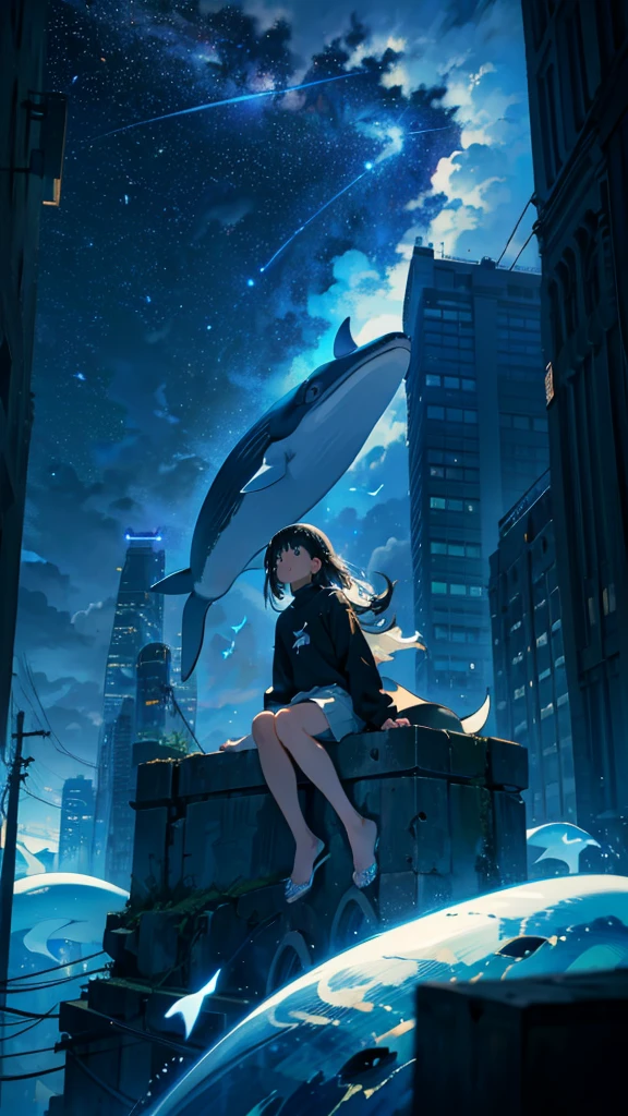 masterpiece, Exquisite detail,Highest quality, One girl, alone, handrail, cloud, Looking up at the buildings,Long Hair, NULL, Long sleeve, Power lines, White footwear, Black Hair, View your viewers, Electric pole, bangs, cloudy NULL, fish, bird, Green Eyes, Shorts, Day, Black Shirt, barefoot,Whale flying in the sky,Giant whale,night,star,milky way,night,Pitch black,Buildings,Sitting