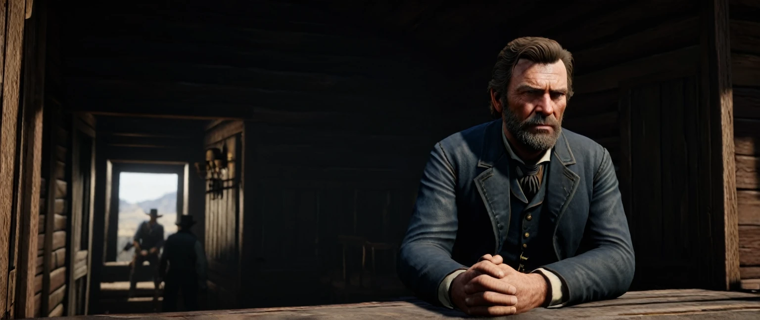 There was a man standing in the room with a gun., in the old western hut, ในการไถ่ถอน Red Dead 2, Arthur Morgan, Screenshots of 2020 video games, RDR2 version, Inspiration from John Brown, Magician smoking pipe, Inspiration from John Brown Abercromby, ใน red dead redemntion 2, High resolution details, Trump in RDR2