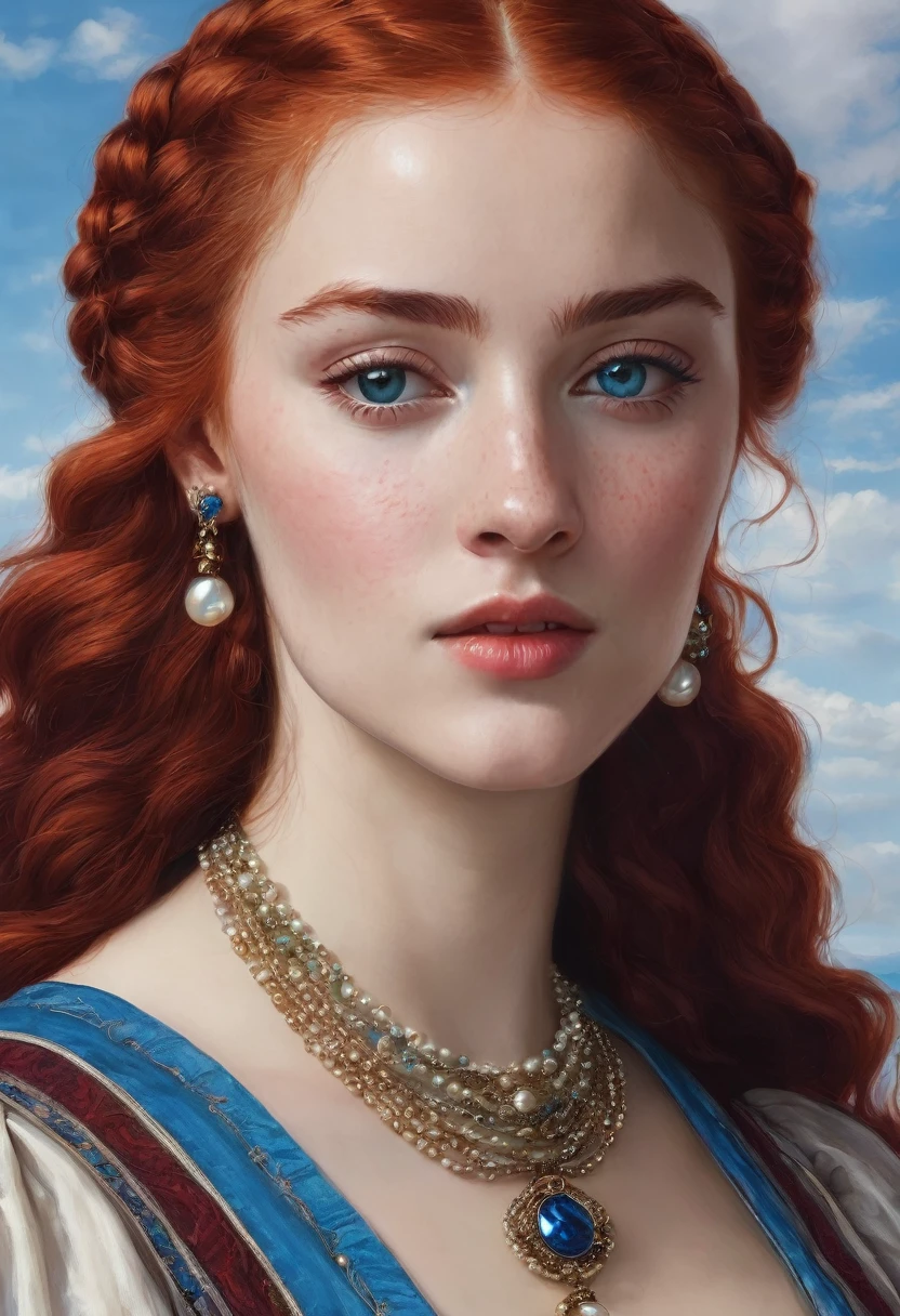 young woman(23 years old). Bright red, Wavy hair, braided(in the manner of Lucrezia Borgia или на манер таргариенов), pearl earrings in the ears, necklace of pearls on the neck. Eyes sky blue. Red eyebrows, very thin and curved. The skin is pale, she has freckles. Elongated face, oval shape. Dress in Renaissance or Middle Ages style, in the manner of Lucrezia Borgia. Mouth wide, and your lips are full. Брови very thin and curved, Light. одета в платье in the manner of Lucrezia Borgia. Realism style.