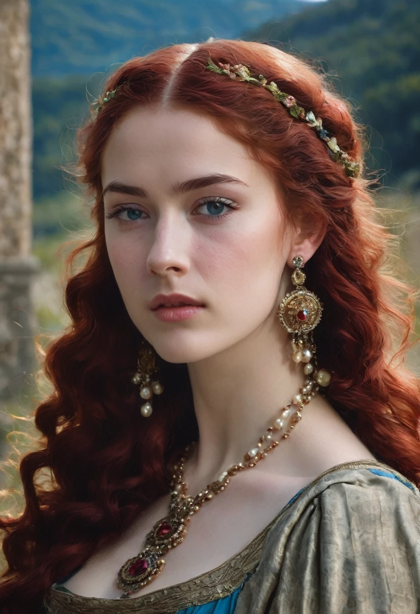 young woman(23 years old). Bright red, Wavy hair, braided(in the manner of Lucrezia Borgia или на манер таргариенов), pearl earrings in the ears, necklace of pearls on the neck. Eyes sky blue. Red eyebrows, very thin and curved. The skin is pale, she has freckles. Elongated face, oval shape. Dress in Renaissance or Middle Ages style, in the manner of Lucrezia Borgia. Mouth wide, and your lips are full. Брови very thin and curved, Light. одета в платье in the manner of Lucrezia Borgia. Realism style.