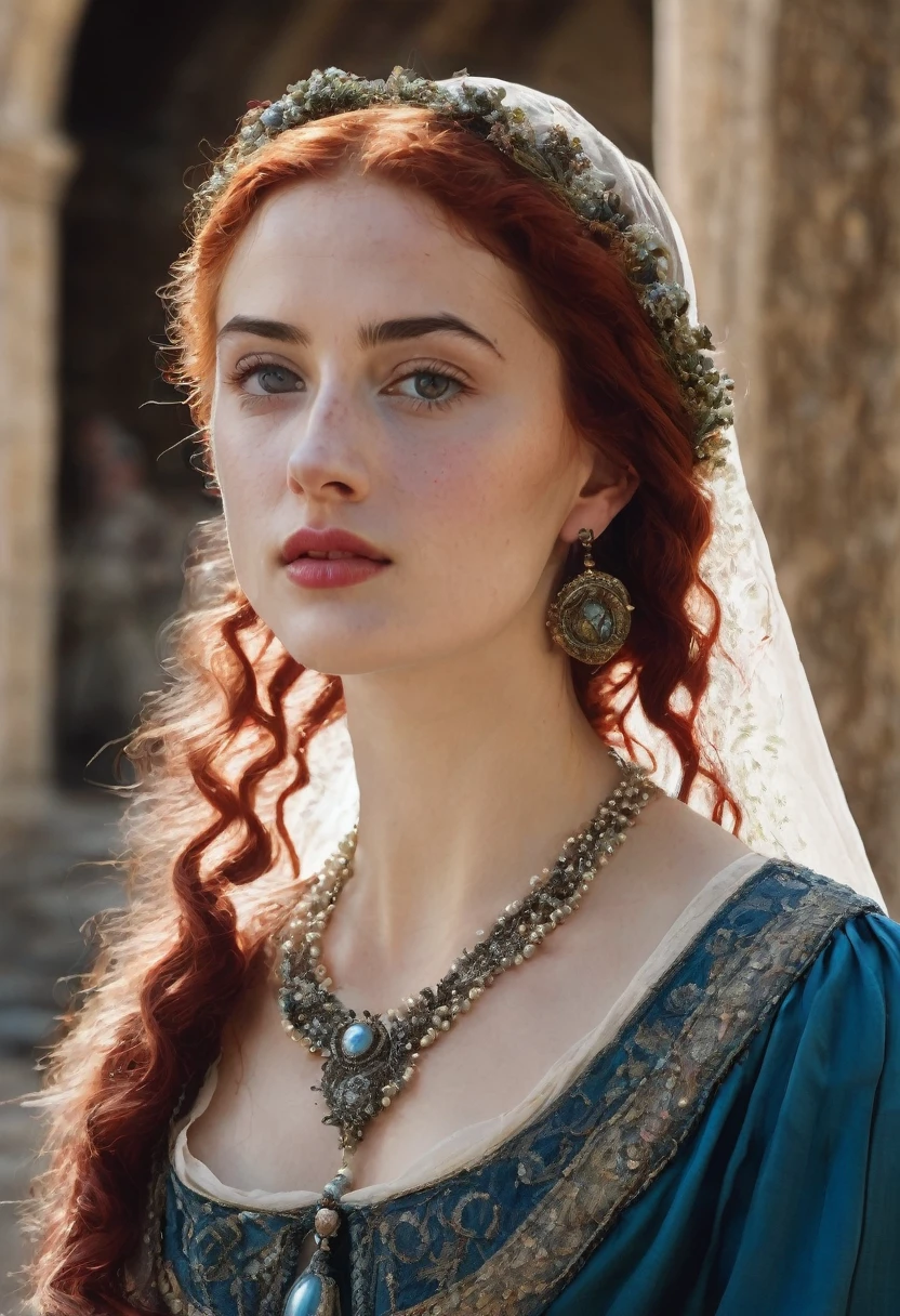 young woman(23 years old). Bright red, Wavy hair, braided(in the manner of Lucrezia Borgia или на манер таргариенов), pearl earrings in the ears, necklace of pearls on the neck. Eyes sky blue. Red eyebrows, very thin and curved. The skin is pale, she has freckles. Elongated face, oval shape. Dress in Renaissance or Middle Ages style, in the manner of Lucrezia Borgia. Mouth wide, and your lips are full. Брови very thin and curved, Light. одета в платье in the manner of Lucrezia Borgia. Realism style.