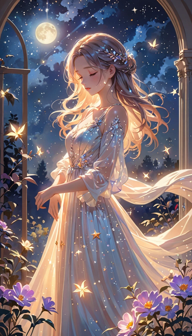 (best quality,4k,8k,highres,masterpiece:1.2),A girl standing alone under the starry night sky, with her silhouette illuminated by the soft moonlight and twinkling stars. Her face is beautifully detailed, with closed eyes, long and fluttering eyelashes, and exquisitely defined lips. She is dressed in an elegant gown, flowing and ethereal, embracing her figure gracefully as it glimmers with a subtle celestial glow. The intricate details of her dress catch the faint starlight, creating a mesmerizing sparkle. The surrounding landscape showcases a serene garden, lush with vibrant foliage and colorful flowers. The air is filled with a gentle breeze, causing the leaves to rustle and the flowers to sway delicately. The garden is bathed in a warm, dreamy color palette, with hues of deep blues, purples, and hints of silver. The atmosphere is calm and tranquil, evoking a sense of peace and serenity. The artwork is of the highest quality, meticulously created with ultra-detailed brushstrokes and precise attention to every element. The texture and depth of the painting are breathtaking, with a sense of realism and photorealism that captures the awe-inspiring beauty of the night sky. The lighting is soft and diffused, casting a gentle glow over the entire scene, enhancing the magical ambiance. The girl's presence radiates a sense of mystery and wonder, as if she holds a secret connected to the celestial beings above. The overall composition evokes a feeling of timelessness and captures the essence of a StarSign, an artwork that embodies the celestial beauty and inner strength of a girl in harmony with the stars. (ai-generated:.25),(dsmile:.25)