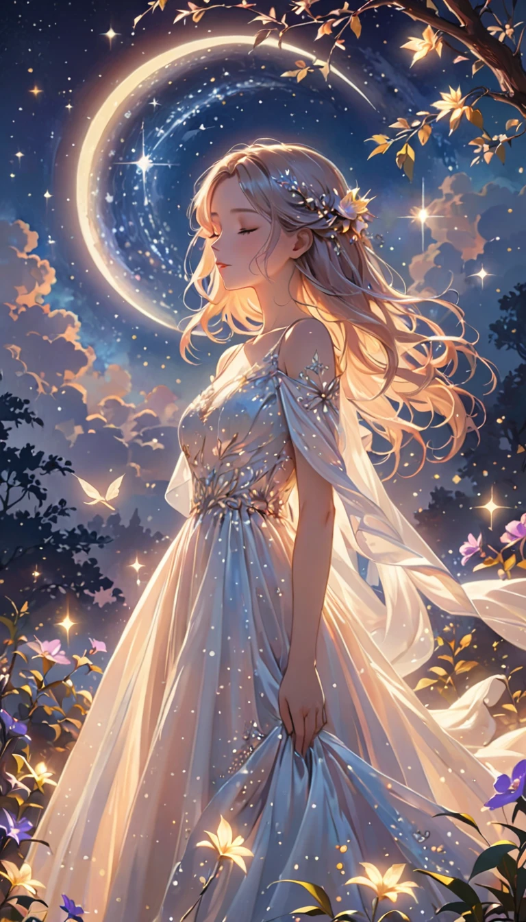 (best quality,4k,8k,highres,masterpiece:1.2),A girl standing alone under the starry night sky, with her silhouette illuminated by the soft moonlight and twinkling stars. Her face is beautifully detailed, with closed eyes, long and fluttering eyelashes, and exquisitely defined lips. She is dressed in an elegant gown, flowing and ethereal, embracing her figure gracefully as it glimmers with a subtle celestial glow. The intricate details of her dress catch the faint starlight, creating a mesmerizing sparkle. The surrounding landscape showcases a serene garden, lush with vibrant foliage and colorful flowers. The air is filled with a gentle breeze, causing the leaves to rustle and the flowers to sway delicately. The garden is bathed in a warm, dreamy color palette, with hues of deep blues, purples, and hints of silver. The atmosphere is calm and tranquil, evoking a sense of peace and serenity. The artwork is of the highest quality, meticulously created with ultra-detailed brushstrokes and precise attention to every element. The texture and depth of the painting are breathtaking, with a sense of realism and photorealism that captures the awe-inspiring beauty of the night sky. The lighting is soft and diffused, casting a gentle glow over the entire scene, enhancing the magical ambiance. The girl's presence radiates a sense of mystery and wonder, as if she holds a secret connected to the celestial beings above. The overall composition evokes a feeling of timelessness and captures the essence of a StarSign, an artwork that embodies the celestial beauty and inner strength of a girl in harmony with the stars. (ai-generated:.25),(dsmile:.25)