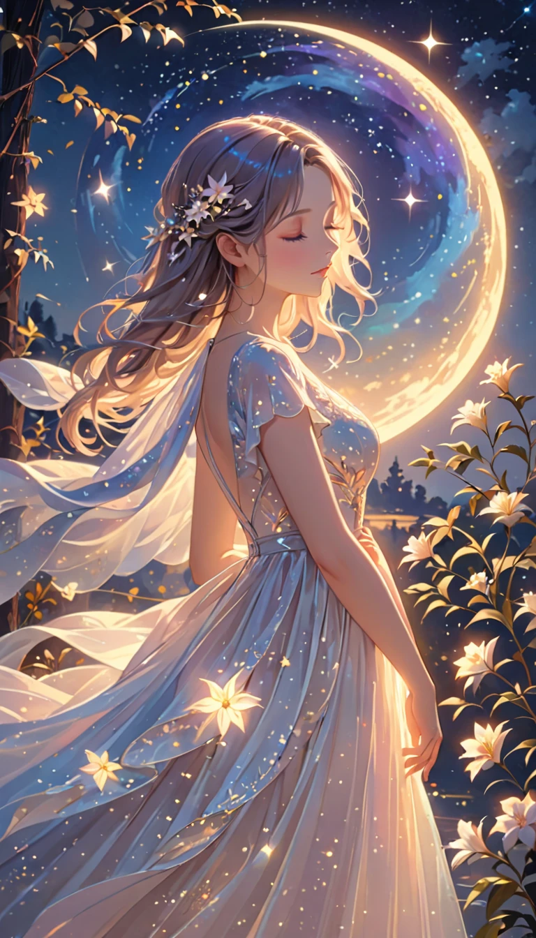 (best quality,4k,8k,highres,masterpiece:1.2),A girl standing alone under the starry night sky, with her silhouette illuminated by the soft moonlight and twinkling stars. Her face is beautifully detailed, with closed eyes, long and fluttering eyelashes, and exquisitely defined lips. She is dressed in an elegant gown, flowing and ethereal, embracing her figure gracefully as it glimmers with a subtle celestial glow. The intricate details of her dress catch the faint starlight, creating a mesmerizing sparkle. The surrounding landscape showcases a serene garden, lush with vibrant foliage and colorful flowers. The air is filled with a gentle breeze, causing the leaves to rustle and the flowers to sway delicately. The garden is bathed in a warm, dreamy color palette, with hues of deep blues, purples, and hints of silver. The atmosphere is calm and tranquil, evoking a sense of peace and serenity. The artwork is of the highest quality, meticulously created with ultra-detailed brushstrokes and precise attention to every element. The texture and depth of the painting are breathtaking, with a sense of realism and photorealism that captures the awe-inspiring beauty of the night sky. The lighting is soft and diffused, casting a gentle glow over the entire scene, enhancing the magical ambiance. The girl's presence radiates a sense of mystery and wonder, as if she holds a secret connected to the celestial beings above. The overall composition evokes a feeling of timelessness and captures the essence of a StarSign, an artwork that embodies the celestial beauty and inner strength of a girl in harmony with the stars. (ai-generated:.25),(dsmile:.25)