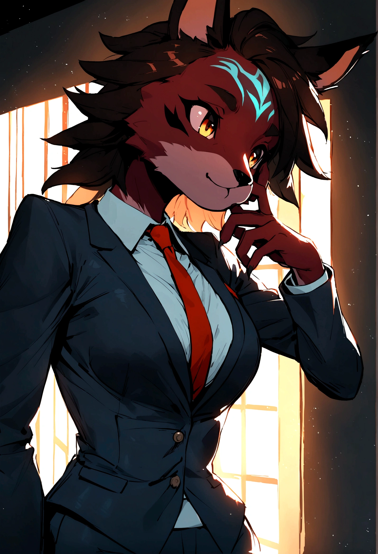 Female gender,furry, Redskin, ultra cute face, elements in the skin,nice suit, Beautiful lights and shadows, ambient light, Ultra detailed skin, volumetric light