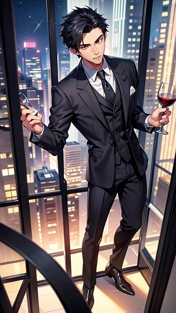 A handsome young man wearing a black suit and short black hair was holding a wine glass in his hand, looking out the window on a tall building filled with lights.