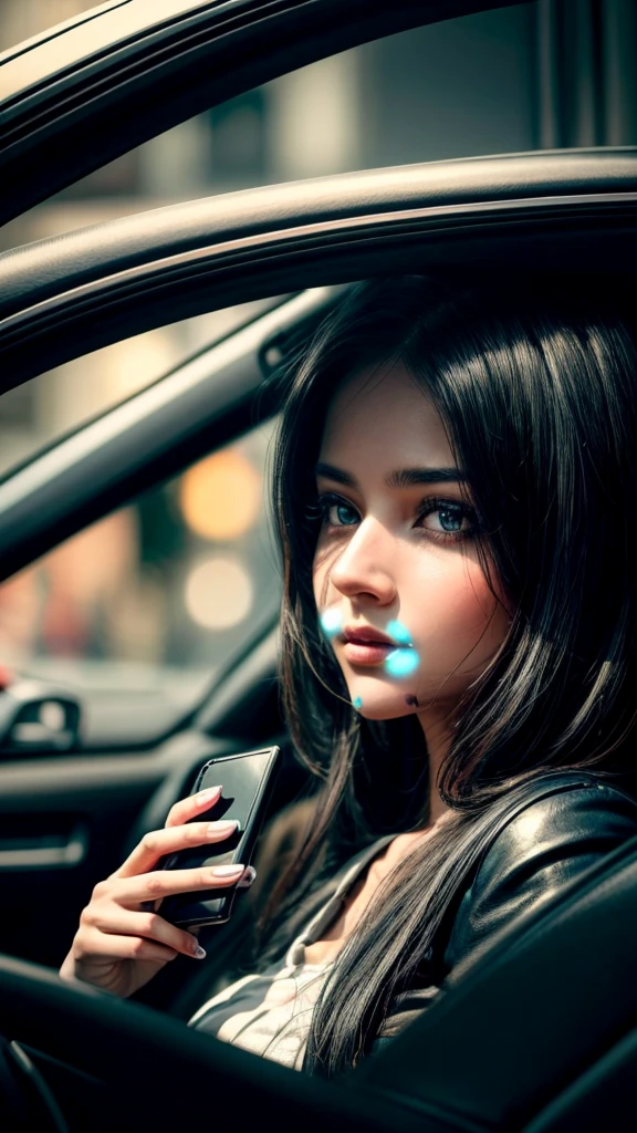 A girl driving a car, (((looking at her smartphone))), detailed face, beautiful girl, beautiful eyes, detailed skin, intricate details, photorealistic, cinematic lighting, dramatic lighting, vibrant colors, elegant, serene, realistic, hyper-detailed, masterpiece, highly detailed, 8k, best quality, cinematic, dramatic