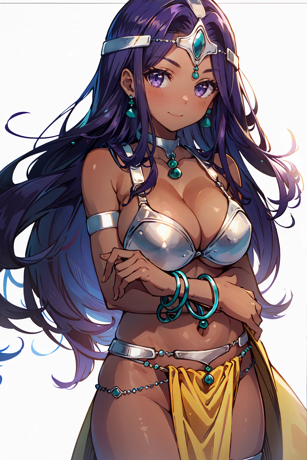 1girl, solo, dqManya, white background, cowboy shot, purple hair, bikini, loincloth, large breasts, cleavage, soft stomach, circlet, earrings, choker, bracelet, armlet, closed mouth, smile, blush