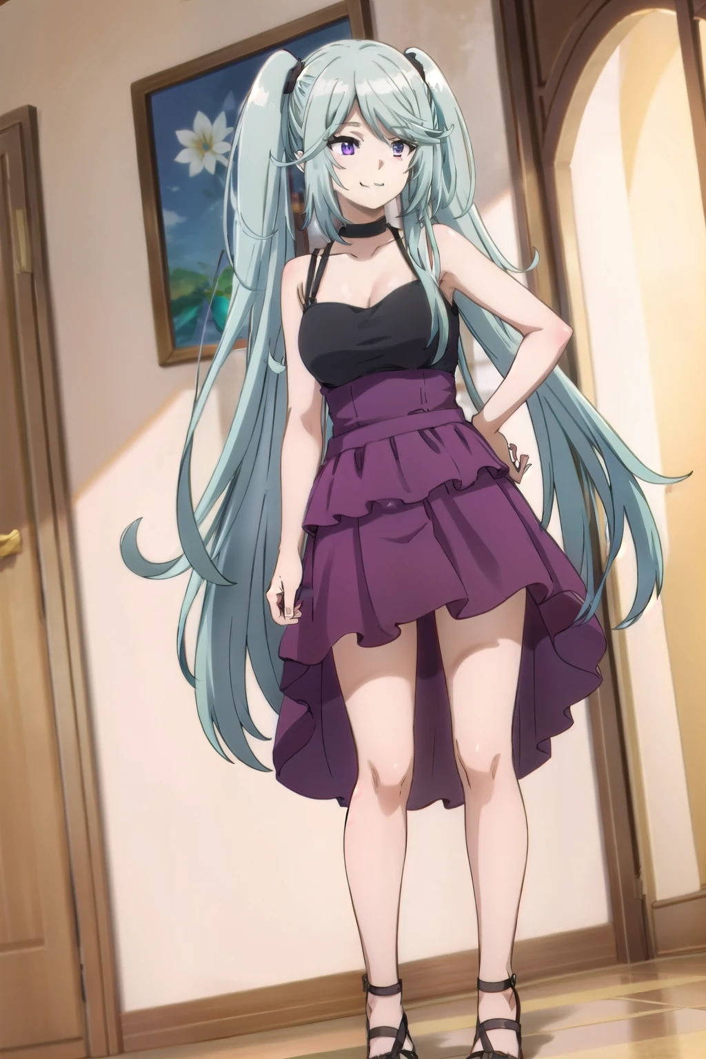 One girl, Purple eyes, Blue Hair, Twin tails, Side Lock, Long Hair, very Long Hair, bangs, expensive body, Long legs, smile, orange camisole, large breasts, (frilled dress) , bangs, Mouth closed, sandals, full body, standing, spread legs, dutch angle, Simple Background, indoor, 