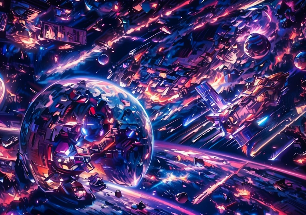 The background is a spectacularly large interstellar galaxy with planets orbiting it. The image includes elements such as spaceships, rocket ships and other celestial bodies. An astronaut photographs colorful galaxies and comets surrounded by space debris, like sat_FACEyalismart style, in vibrant colors. This scene creates a dynamic atmosphere that captures the excitement and wonder of exploring the outer universe. It vividly depicts the astronaut's journey through the cosmic landscape.