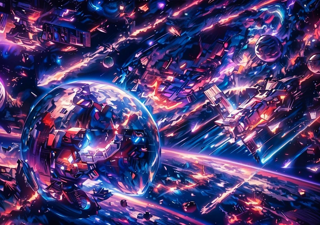 The background is a spectacularly large interstellar galaxy with planets orbiting it. The image includes elements such as spaceships, rocket ships and other celestial bodies. An astronaut photographs colorful galaxies and comets surrounded by space debris, like sat_FACEyalismart style, in vibrant colors. This scene creates a dynamic atmosphere that captures the excitement and wonder of exploring the outer universe. It vividly depicts the astronaut's journey through the cosmic landscape.