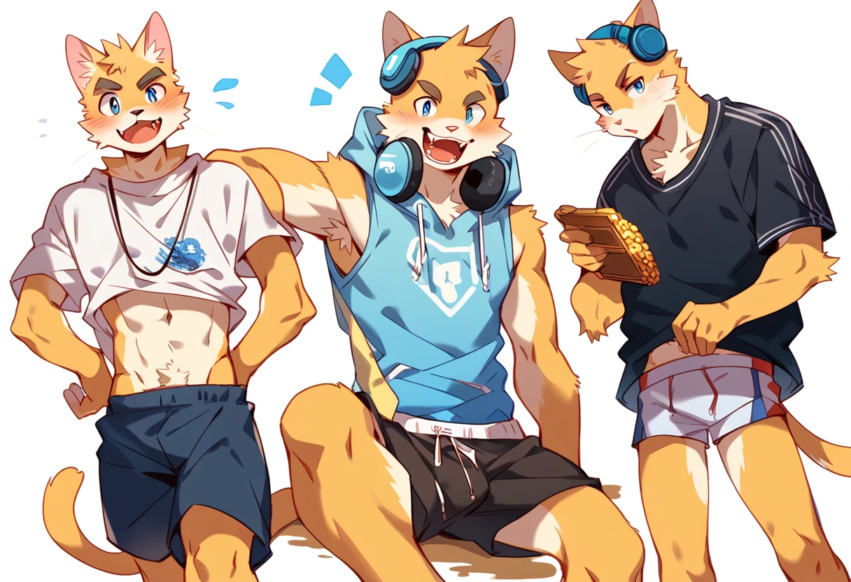 score_9, score_8_up, score_7_up, male, furry, high quality, hires, anthro, teenager, 16 years old, domestic cat, bright yellow fur, blue eyes, wide brown eyebrows, an excited expression, humanoid feet, slim body, prominent v-line, prominent abs, prominent legs, prominent forearm, prominent knees, white background, treasure trail, armpit hair, furry legs, in various sexy poses, headphones, casual clothes, joggers, shorts, showing off