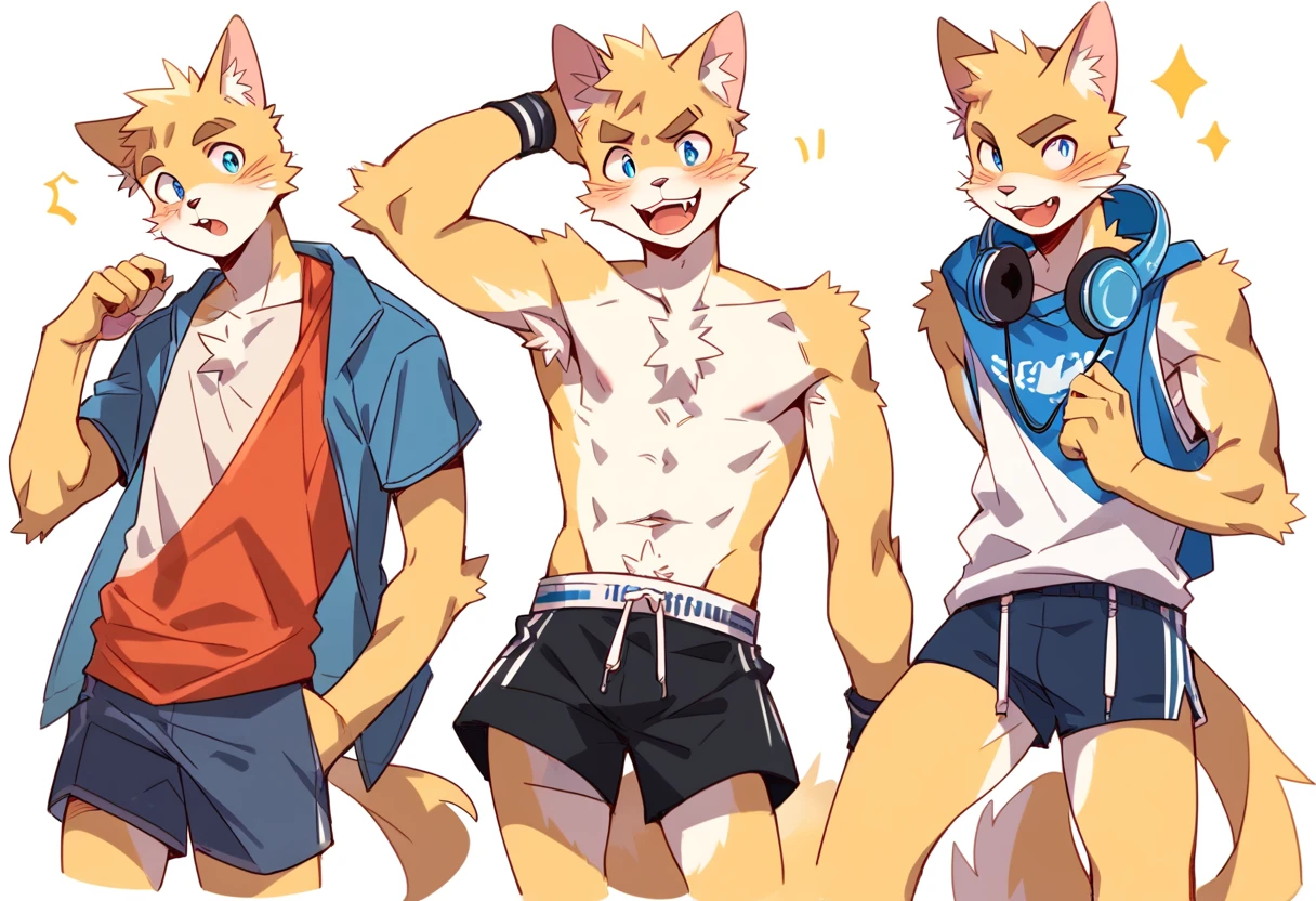 score_9, score_8_up, score_7_up, male, furry, high quality, hires, anthro, teenager, 16 years old, domestic cat, bright yellow fur, blue eyes, wide brown eyebrows, an excited expression, humanoid feet, slim body, prominent v-line, prominent abs, prominent legs, prominent forearm, prominent knees, white background, treasure trail, armpit hair, furry legs, in various sexy poses, headphones, casual clothes, joggers, shorts, showing off