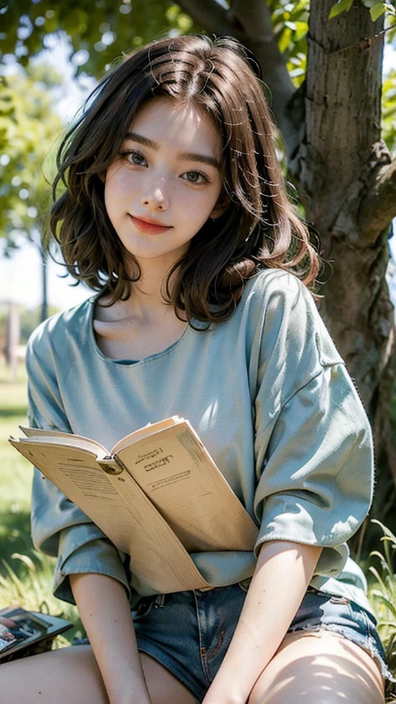masterpiece, best quality, ultra-detailed), portrait of an 18-year-old woman with light brown hair, curled green eyes, beige blouse and blue jeans smiling blue shorts sung from under a tree (leaning against the tree) and reading a brown book -auto utra realistic --