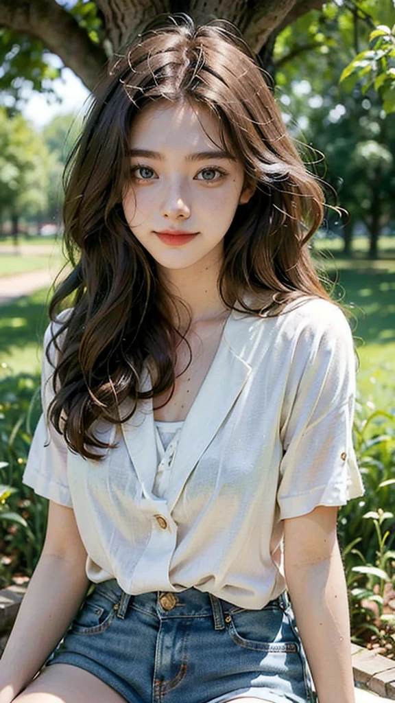 masterpiece, best quality, ultra-detailed), portrait of an 18-year-old woman with light brown hair, curled green eyes, beige blouse and blue jeans smiling blue shorts sung from under a tree (leaning against the tree) and reading a brown book -auto utra realistic --