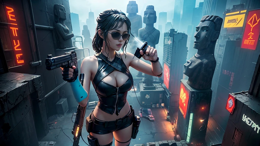 At night, dark sky, aerial view of fantasy cyberpunk style ((Moai-statue)) city, ((flying vehicle)). ((1girl, solo, alone)), photo realistic, medium-breast:1.1 slim body, cleavage, sexy clothes, (black sunglasses), (((hip-up standing and pistol aiming pose))), half-body thigh level medium shot, cinematic lighting.