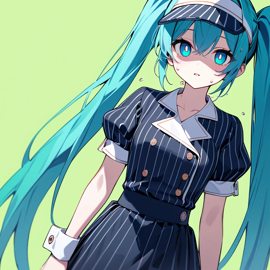 best quality, masterpiece, 1girl, solo, mikunormal, hatsune miku, blue vertical-striped dress, waist apron, visor cap, wrist cuffs, (((sweating))), (((((white pupils))))), blue eyes, ((empty eyes)), (((expressionless))), (parted lips), looking at viewer, standing, arms at side, (face focus),((((simple vivid green background)))), ((depth of field)), (((dutch angle))), (dark), [[[shaded face]]],  puffy short sleeves