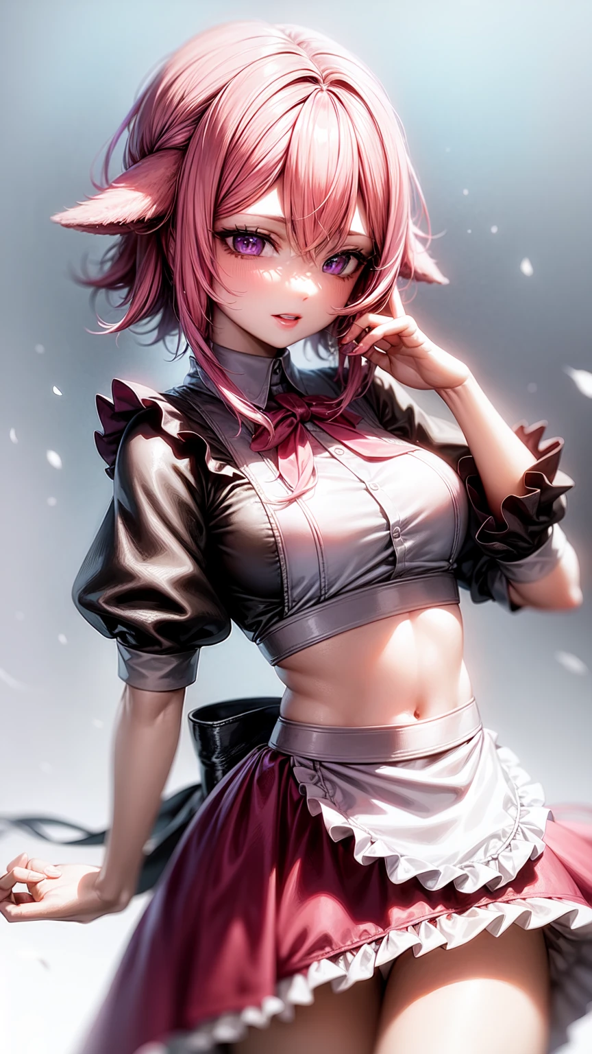 pink hair,purple eyes,maid,crop top,Short skirt