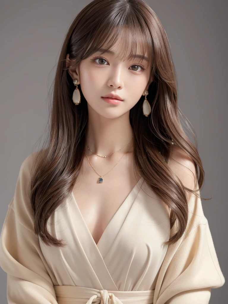 ((Highest quality, 8K, masterpiece:1.3)), concentrate: 1.2, Perfect body beauty: 1.4, Hips: 1.2, ((Long Hair, chest: 1.2)), (Dry clothes: 1.1) , (clear, Simple Background:1.3), Simple clothes: 1.1, Highly detailed face and skin texture,Delicate eyes, double eyelid, Whitened skin, Rough skin、Long Hair、Earrings with bangs、necklace、 solo、Beige coat、White shirt, (((Beautiful girl with cute Japan)))、 ((Beautiful Japanese girl 20 years old))、 ((Baby Face))、 (((Slender body)))、 Upper Body,Face focus、necklace,Simple Background,From above, Realistic Hair、 A photograph was taken:Canon EOS R6、135mm、1/1250 seconds、f2.8、ISO400、(Detailed explanation of the hand)、(Masseter muscle area)、(Exquisite CG)、Long Hair, loose and curly hair、Korean Hair、Long Hair明るいベージュ色、グラデーションハイライトグレージュのゆるふわLong Hairスタイル、