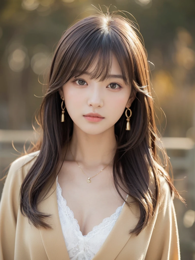 ((Highest quality, 8K, masterpiece:1.3)), concentrate: 1.2, Perfect body beauty: 1.4, Hips: 1.2, ((Long Hair, chest: 1.2)), (Dry clothes: 1.1) , (clear, Simple Background:1.3), Simple clothes: 1.1, Highly detailed face and skin texture,Delicate eyes, double eyelid, Whitened skin, Rough skin、Long Hair、Earrings with bangs、necklace、 solo、Beige coat、White shirt, (((Beautiful girl with cute Japan)))、 ((Beautiful Japanese girl 20 years old))、 ((Baby Face))、 (((Slender body)))、 Upper Body,Face focus、necklace,Simple Background,From above, Realistic Hair、 A photograph was taken:Canon EOS R6、135mm、1/1250 seconds、f2.8、ISO400、(Detailed explanation of the hand)、(Masseter muscle area)、(Exquisite CG)、Long Hair, loose and curly hair、Korean Hair、Long Hair明るいベージュ色、グラデーションハイライトグレージュのゆるふわLong Hairスタイル、