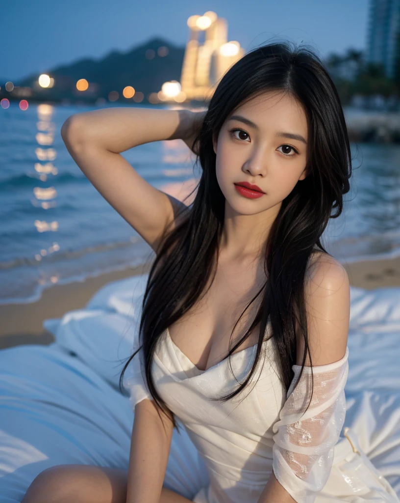 towards the camera,put a face to the viewer,stand on all fours,High image quality,works of masters,daughter,black hair,long hair shawl,long hair flowing over shoulders,cropped shoulder,clavicle,exquisite face,moist red lips,white dress,clavicle,towards the camera,Single photo,hosiery,sad expression,bust,real person,(ocean,sandy beach),CG rendering,16,000,lying in bed,Put your hands behind your head.,look into the camera,The night scenery was beautiful, farewell,hyper hd,The details were perfect,the picture is real,Extreme picture quality,Highest accuracy,8K 해상도,shade of darkness,8K, yes ,Ultra HD,8K