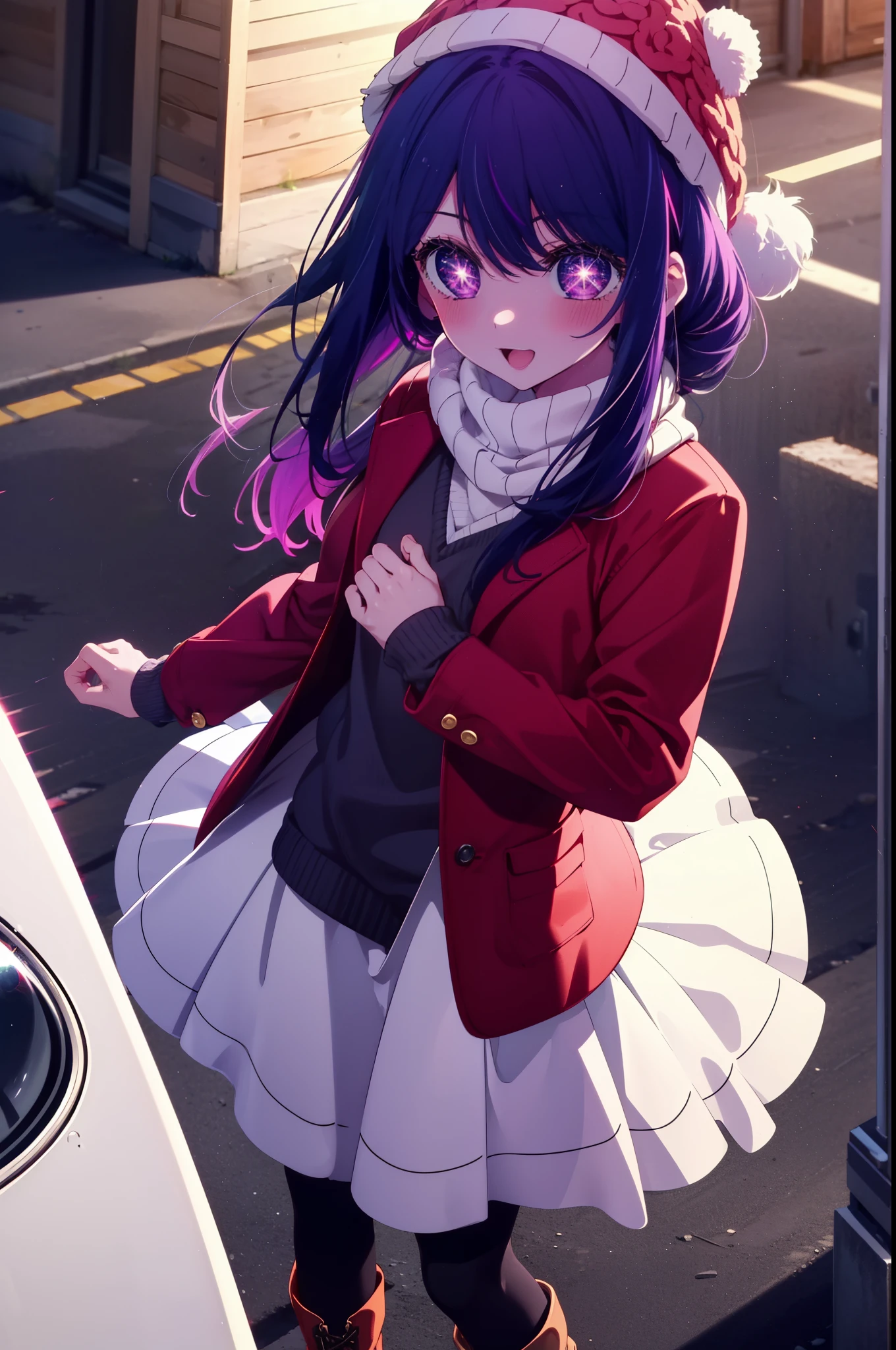 aihoshino, Ai Hoshino, Long Hair, bangs, (Purple eyes:1.1), Purple Hair, (Symbol-shaped pupil:1.5), smile,smile,blush,Open your mouth,Knitted hat,Purple long coat,V-neck sweater,Long skirt,Black pantyhose,short boots,Red muffler,It&#39;s snowing,Snow is falling,Are standing,whole bodyがイラストに入るように, Daytime,
break outdoors, Building district,
break looking at viewer, whole body,
break (masterpiece:1.2), Highest quality, High resolution, unity 8k wallpaper, (figure:0.8), (Beautiful attention to detail:1.6), Highly detailed face, Perfect lighting, Highly detailed CG, (Perfect hands, Perfect Anatomy),