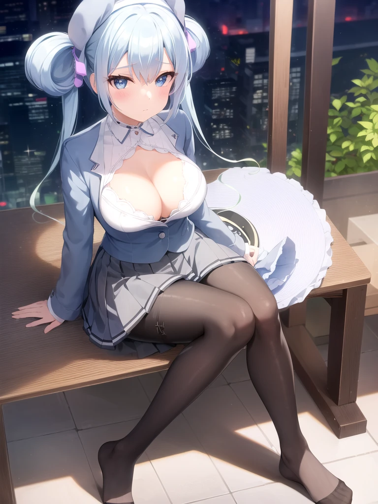 1girl,solo,dark_sky,night,blue hair,serafuku,closed mouth,medium_breasts,park,((white_pantyhose)),cleavage, white_bra,blush,pleated skirt,no shoes,sitting,