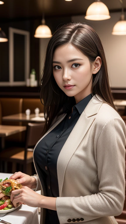 (8K, RAW Photos, 最high quality, masterpiece: 1.2), (Realistic, photoRealistic: 1.37), 1 A woman wearing a sommelier suit standing on the sidewalk, , Professional Lighting, Photon Mapping, , Brazilian women, Torn, Sommelière、, Sommelièreのユニホーム、,At a fine dining restaurant， masterpiece, 最high quality, high quality, High resolution, big , (Face close-up),working at a restaurant、