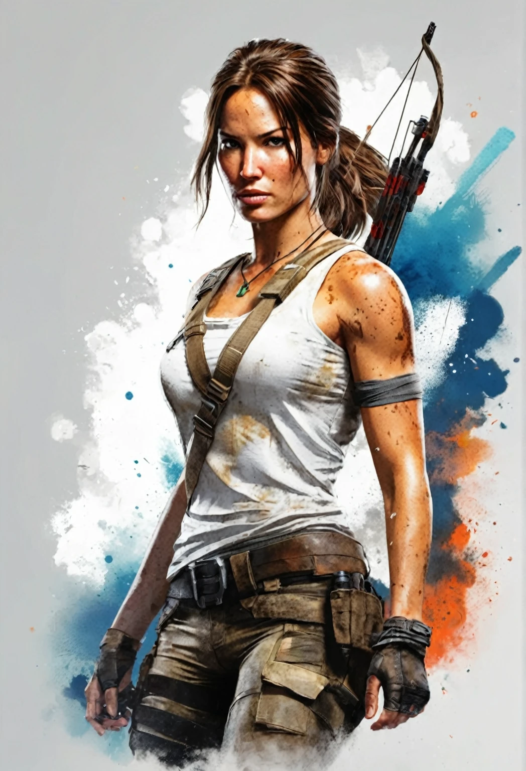 a close-up of a woman holding a gun in front of a colored background, portrait of Lara Croft, Tomb Raider beautiful, Lara Croft, muscular sweat Lara Croft, Tomb Raider, video game digital art, high definition art, 8k art, Tomb Raider setting, Tomb Raider (2018), epic digital art illustration, Lara Croft as spiderwoman