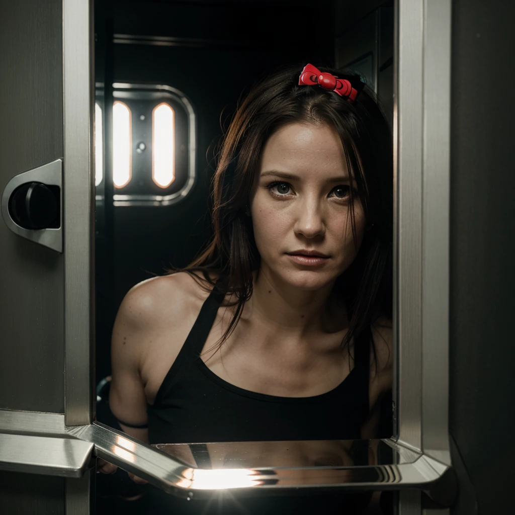 enhance the eerie reflections in the fisheye lens for a realistic and hyper depiction of Amanda Young, portrayed by Shawnee Smith 23 years old in the “Saw” movie series, in a elevator, holding a hello kitty plushy