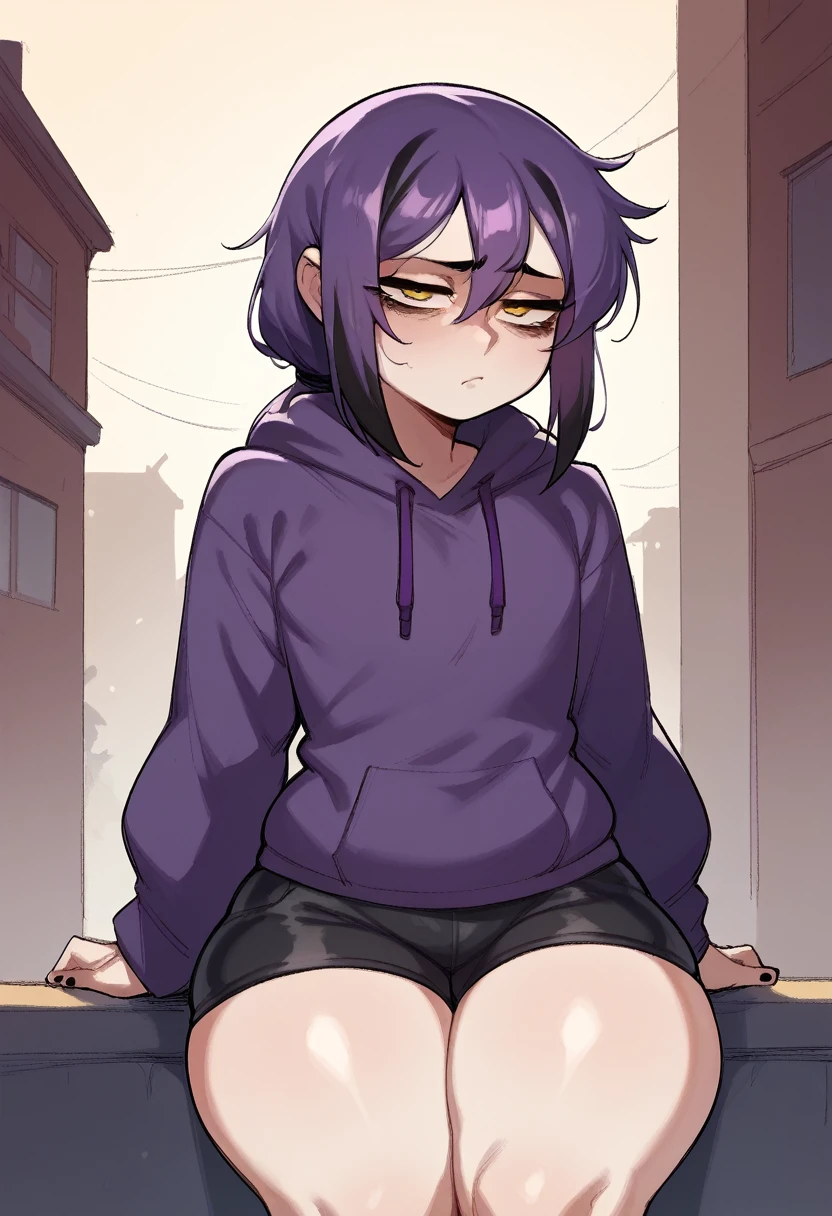 score_9, score_8_up, score_7_up, score_6_up, score_5_up, score_4_up, BREAK source_anime,rating_risky, a girl, thin, pale skin, skinny, tired expression, low ponytail, purple hair, yellow eyes, eye bags, tired expression, purple hoodie,, thick thighs, black shorts, tight clothing, bold comic style, city background, purple clothes with black highlights
