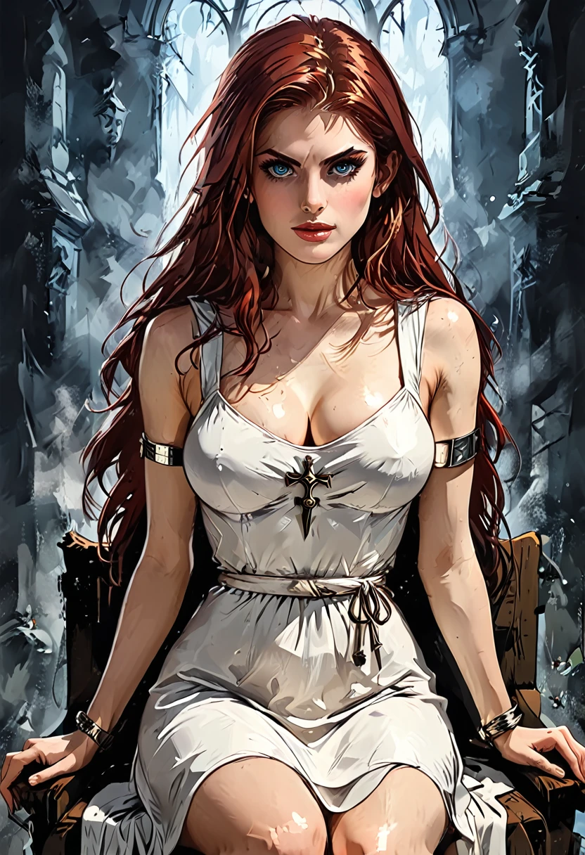 A beautiful sexy woman with long, shiny red hair, a tender face, a cold, Proud look, a fit figure, big breasts, naked, Leader im Fantasy-Style, Sleeveless, bares her waist, a bracelet adorns her wrist, orgy dress, She sits casually on a chair, This character embodies a finely crafted fantasy nun, exquisiter (Alexandra Daddario:1.2), High Resolution, best quality, highres, Ultra-detail, Finest painting, extremely sensitive, Specialist, anatomically correct, symmetrical face, extremely detailed eyes and face, High quality eyes, creativity, RAW-Foto, uhd, 32k, natural light, cinematic lighting, masterpiece-anatomy-perfect, masterpiece:1.5. hige ass from behind