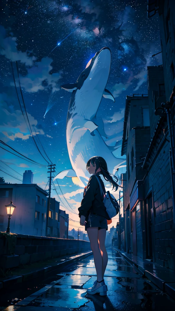 masterpiece, Exquisite detail,Highest quality, One girl, alone, handrail, cloud, Looking up at the buildings,Long Hair, zero, Long sleeve, Power lines, White footwear, Black Hair, View your viewers, Electric pole, bangs, cloudy zero, fish, bird, Green Eyes, Shorts, Day, Black Shirt, barefoot,Whale flying in the sky,Giant whale,night,Star,milky way,night,Pitch black,Buildings,standing and looking up at the sky