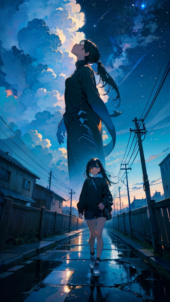 masterpiece, Exquisite detail,Highest quality, One girl, alone, handrail, cloud, Looking up at the buildings,Long Hair, zero, Long sleeve, Power lines, White footwear, Black Hair, View your viewers, Electric pole, bangs, cloudy zero, fish, bird, Green Eyes, Shorts, Day, Black Shirt, barefoot,Whale flying in the sky,Giant whale,night,Star,milky way,night,Pitch black,Buildings,standing and looking up at the sky