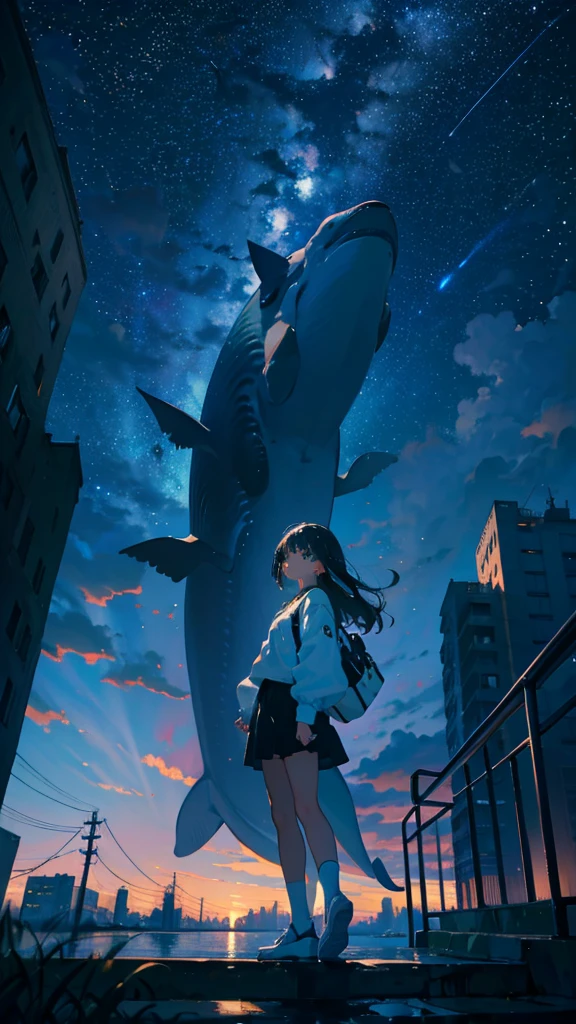 masterpiece, Exquisite detail,Highest quality, One girl, alone, handrail, cloud, Looking up at the buildings,Long Hair, zero, Long sleeve, Power lines, White footwear, Black Hair, View your viewers, Electric pole, bangs, cloudy zero, fish, bird, Green Eyes, Shorts, Day, Black Shirt, barefoot,Whale flying in the sky,Giant whale,night,Star,milky way,night,Pitch black,Buildings,standing and looking up at the sky