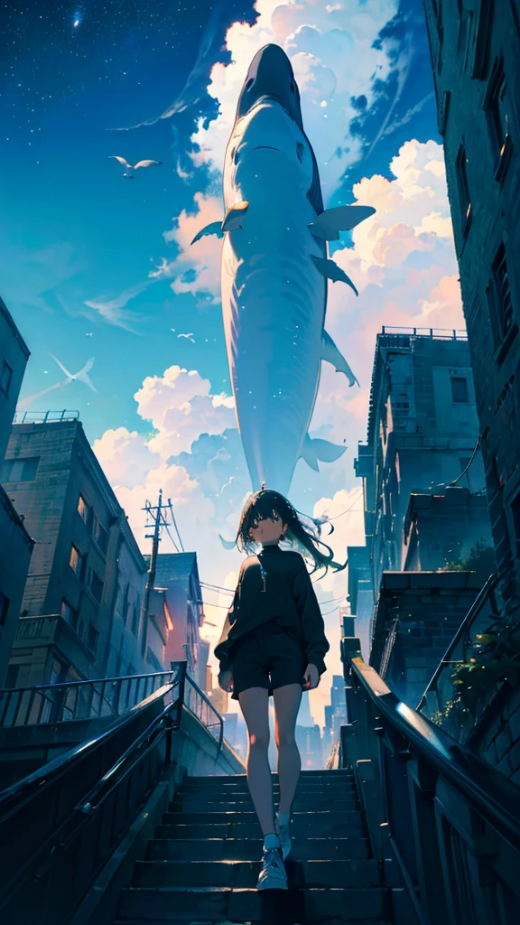 masterpiece, Exquisite detail,Highest quality, One girl, alone, handrail, cloud, Looking up at the buildings,Long Hair, zero, Long sleeve, Power lines, White footwear, Black Hair, View your viewers, Electric pole, bangs, cloudy zero, fish, bird, Green Eyes, Shorts, Day, Black Shirt, barefoot,Whale flying in the sky,Giant whale,night,Star,milky way,night,Pitch black,Buildings,standing and looking up at the sky