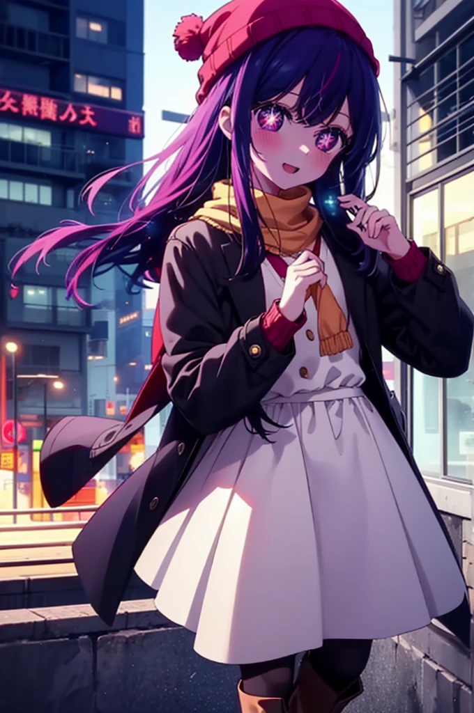 aihoshino, Ai Hoshino, Long Hair, bangs, (Purple eyes:1.1), Purple Hair, (Symbol-shaped pupil:1.5), smile,smile,blush,Open your mouth,Knitted hat,Purple long coat,V-neck sweater,Long skirt,Black pantyhose,short boots,Red muffler,It's snowing,Snow is falling,Walking,whole bodyがイラストに入るように, Daytime,
break outdoors, Building district,
break looking at viewer, whole body,
break (masterpiece:1.2), Highest quality, High resolution, unity 8k wallpaper, (figure:0.8), (Beautiful attention to detail:1.6), Highly detailed face, Perfect lighting, Highly detailed CG, (Perfect hands, Perfect Anatomy),
