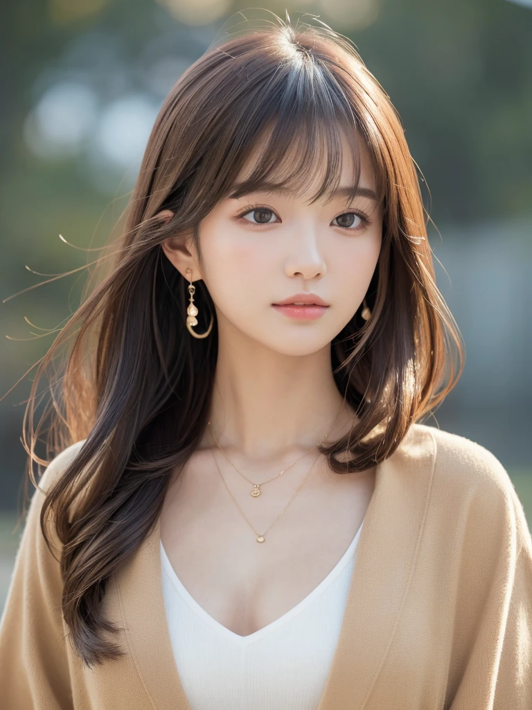 ((Highest quality, 8K, masterpiece:1.3)), concentrate: 1.2, Perfect body beauty: 1.4, Hips: 1.2, ((Long Hair, chest: 1.2)), (Dry clothes: 1.1) , (clear, Simple Background:1.3), Simple clothes: 1.1, Highly detailed face and skin texture,Delicate eyes, double eyelid, Whitened skin, Rough skin、Long Hair、Earrings with bangs、necklace、 solo、Beige coat、White shirt, (((Beautiful girl with cute Japan)))、 ((Beautiful Japanese girl 20 years old))、 ((Baby Face))、 (((Slender body)))、 Upper Body,Face focus、necklace,Simple Background,From above, Realistic Hair、 A photograph was taken:Canon EOS R6、135mm、1/1250 seconds、f2.8、ISO400、(Detailed explanation of the hand)、(Masseter muscle area)、(Exquisite CG)、Long Hair, loose and curly hair、Korean Hair、Long Hair明るいベージュ色、グラデーションハイライトグレージュのゆるふわLong Hairスタイル、