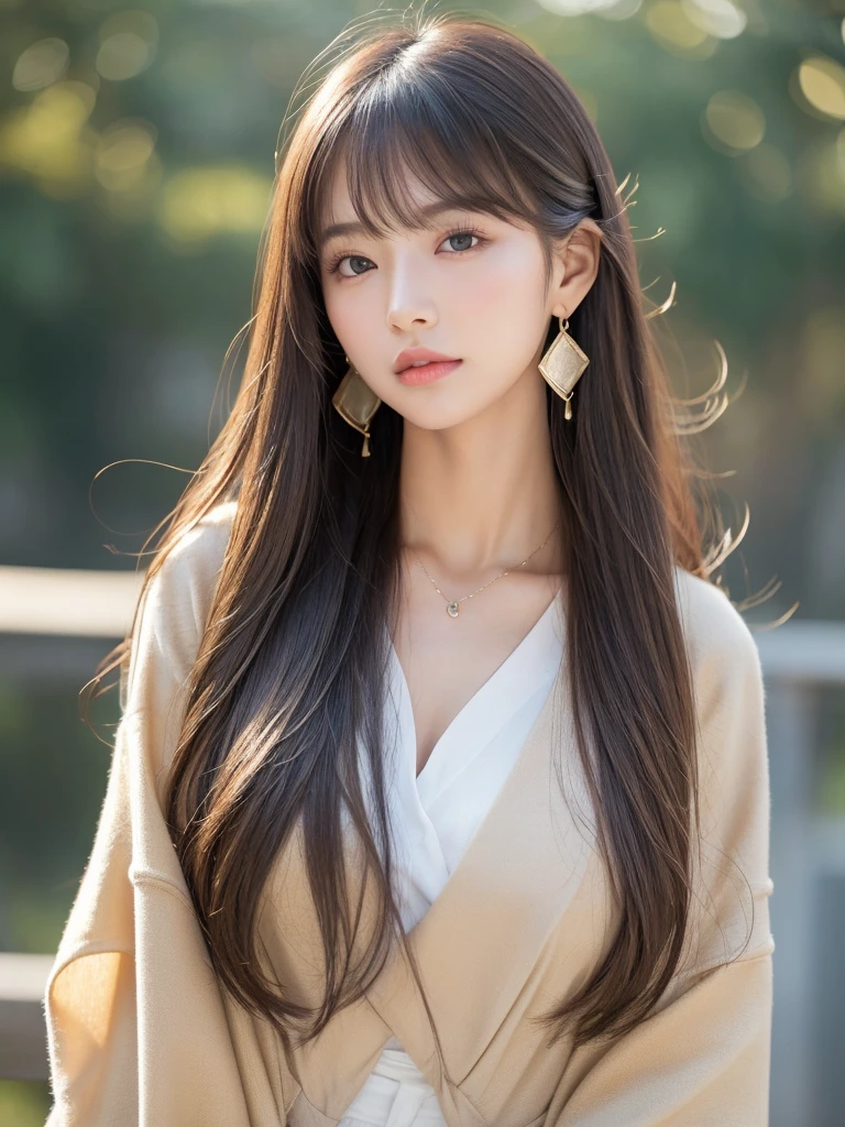  ((Highest quality, 8K, masterpiece:1.3)), concentrate: 1.2, Perfect body beauty: 1.4, Hips: 1.2, ((Long Hair, chest: 1.2)), (Dry clothes: 1.1) , (clear, Simple Background:1.3), Simple clothes: 1.1, Highly detailed face and skin texture,Delicate eyes, double eyelid, Whitened skin, Rough skin、Long Hair、Earrings with bangs、necklace、 solo、Beige coat、White shirt,  (((Beautiful girl with cute Japan)))、  ((Beautiful Japanese girl 20 years old))、 ((Baby Face))、 (((Slender body)))、  Upper Body，Face focus、necklace，Simple Background，From above， Realistic Hair、 A photograph was taken:Canon EOS R6、135mm、1/1250 seconds、f2.8、ISO400、(Detailed explanation of the hand)、(Masseter muscle area)、(Exquisite CG)、Long Hair, loose and curly hair、Korean Hair、Long Hair明るいベージュ色、グラデーションハイライトグレージュのゆるふわLong Hairスタイル、