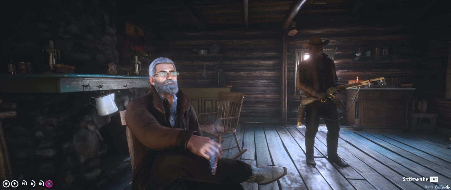 There was a man sitting in a chair in the room with a guitar., in the old western hut, 2020 video game screenshot, ในการไถ่ถอน Red Dead 2, Walter White in Skyrim, Arthur Morgan, video game screenshot>, High resolution details, Screenshot from the game, ใน red dead redemntion 2, High-quality screenshots, Trump in RDR2