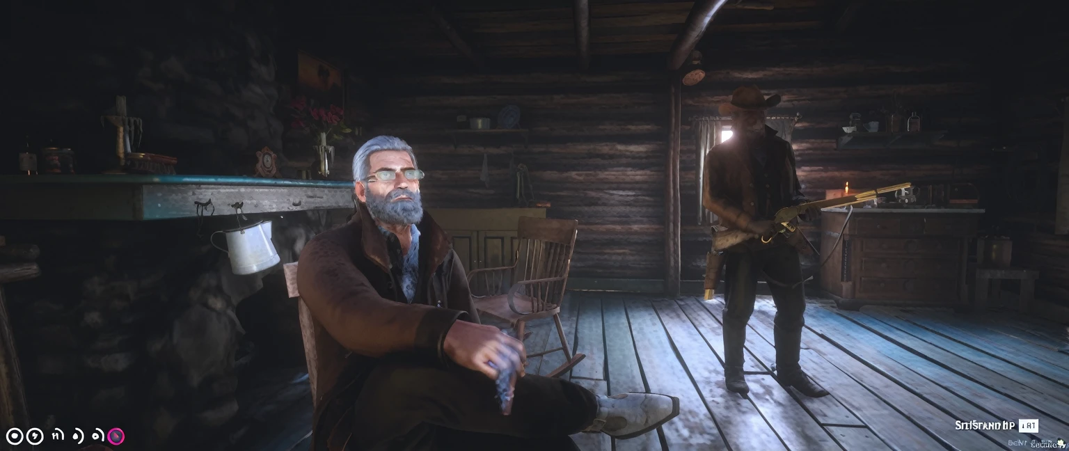 There was a man sitting in a chair in the room with a guitar., in the old western hut, 2020 video game screenshot, ในการไถ่ถอน Red Dead 2, Walter White in Skyrim, Arthur Morgan, video game screenshot>, High resolution details, Screenshot from the game, ใน red dead redemntion 2, High-quality screenshots, Trump in RDR2
