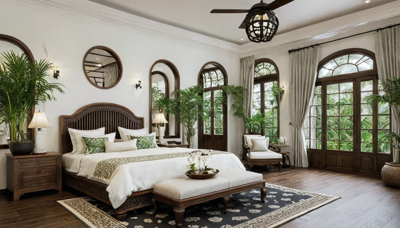 Render a serene Indochine-style bedroom that matches the overall design of a 5-meter-wide, 3-story townhouse. The bedroom features a grand wooden bed with an intricately carved headboard and luxurious, patterned bedding in warm, earthy tones. The walls are painted a calming white, accented with dark wooden beams and traditional Indochine wall art. Large arched windows with wooden shutters offer a view of the urban setting while providing ample natural light. Elegant bedside tables with traditional lamps and a classic wooden wardrobe with ornate details complete the look. The flooring is dark hardwood, complemented by a soft, patterned rug. Tropical plants and a cozy seating area by the window enhance the peaceful ambiance.
8k resolution, UHD, high-quality detail, Indochine style, serene bedroom, grand wooden bed, intricately carved headboard, luxurious patterned bedding, warm earthy tones, calming white walls, dark wooden beams, traditional Indochine wall art, arched windows, wooden shutters, natural light, elegant bedside tables, traditional lamps, classic wooden wardrobe, ornate details, dark hardwood flooring, soft patterned rug, tropical plants, cozy seating area.