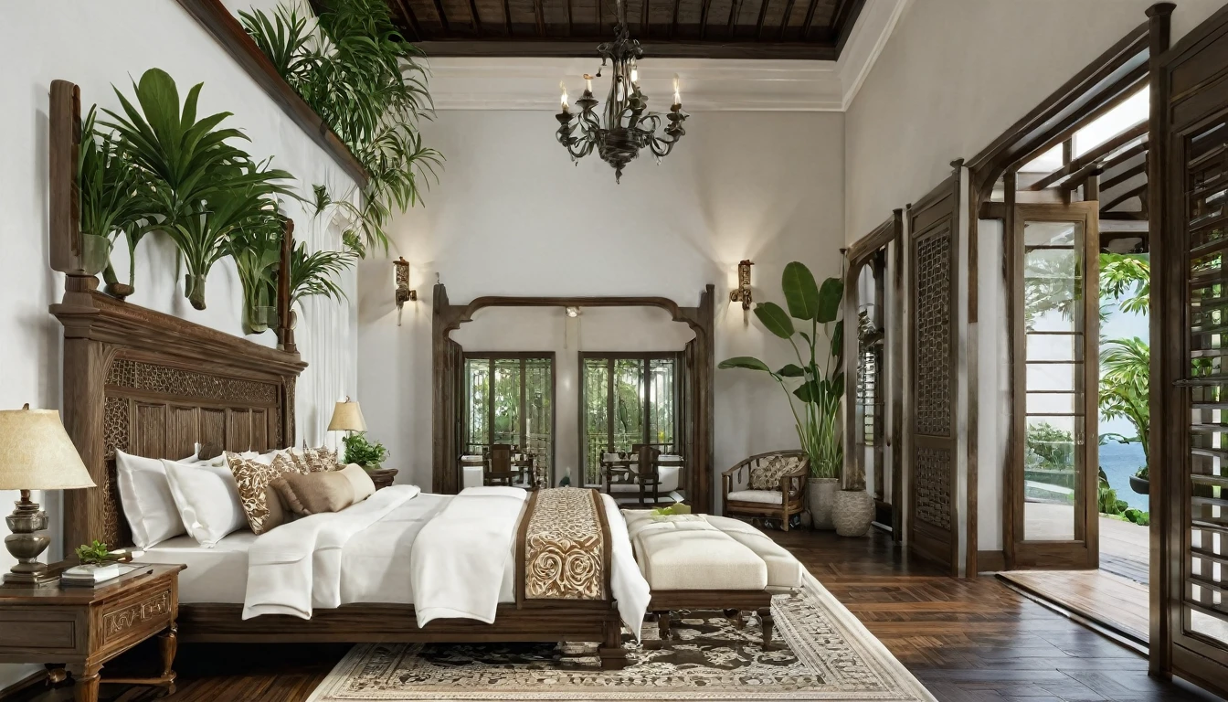 Render a serene Indochine-style bedroom that matches the overall design of a 5-meter-wide, 3-story townhouse. The bedroom features a grand wooden bed with an intricately carved headboard and luxurious, patterned bedding in warm, earthy tones. The walls are painted a calming white, accented with dark wooden beams and traditional Indochine wall art. Large arched windows with wooden shutters offer a view of the urban setting while providing ample natural light. Elegant bedside tables with traditional lamps and a classic wooden wardrobe with ornate details complete the look. The flooring is dark hardwood, complemented by a soft, patterned rug. Tropical plants and a cozy seating area by the window enhance the peaceful ambiance.
8k resolution, UHD, high-quality detail, Indochine style, serene bedroom, grand wooden bed, intricately carved headboard, luxurious patterned bedding, warm earthy tones, calming white walls, dark wooden beams, traditional Indochine wall art, arched windows, wooden shutters, natural light, elegant bedside tables, traditional lamps, classic wooden wardrobe, ornate details, dark hardwood flooring, soft patterned rug, tropical plants, cozy seating area.
