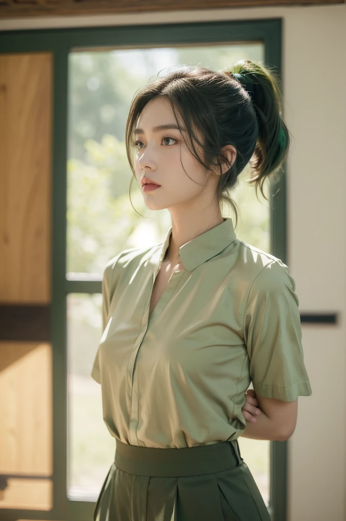 ```(((best quality))),(((ultra detailed))),(((masterpiece))),illustration,((1 beautiful young girl,female soldier,solo)),(short ponytail:1.2),((slim,thin)),((small breasts,flat chest)),determined,professional,demeanor,(light green collared short-sleeved shirt:1.3),(dark green trousers:1.3),military,affiliation,background,military conference room,walls,maps,battlefields,strategic points,markings,large red flag,nation's unity,strength,seriousness,planning,important discussion,rigid posture,focused expression,hands clasped behind back,confidence,respectability,bright intense eyes,analyzing situation,contribute thoughts,ideas,charm,powerful,intense atmosphere,freezes moment in time,essence,striking appearance,((from front,upper body))