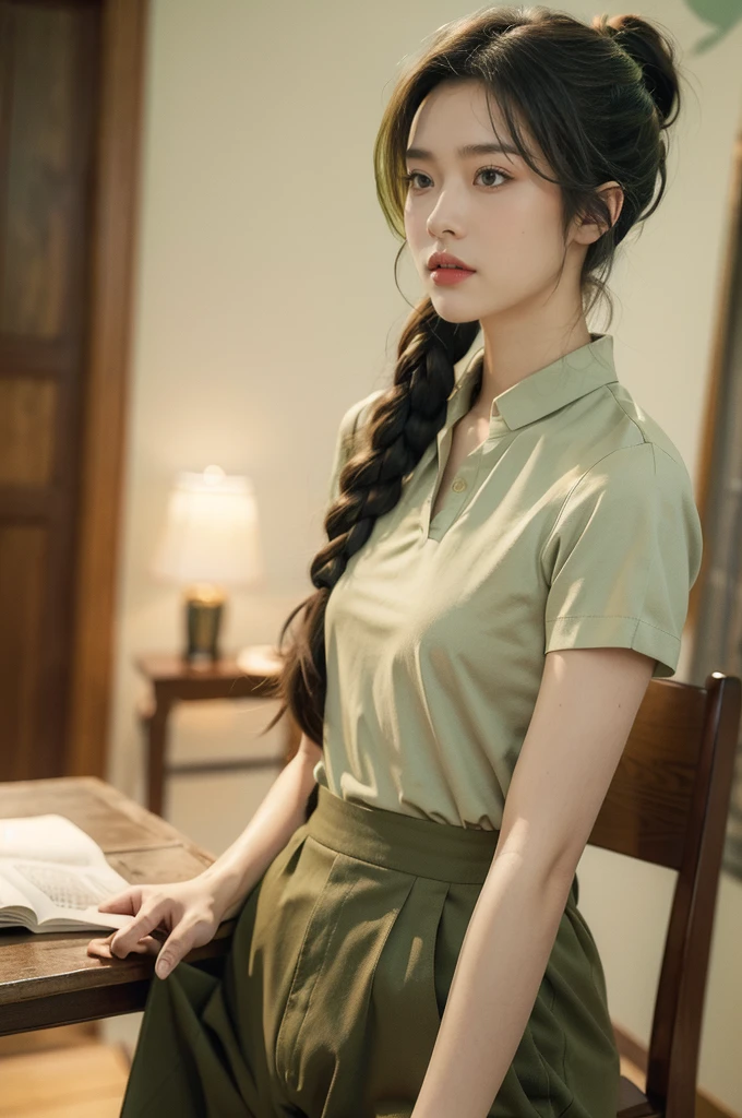 ```(((best quality))),(((ultra detailed))),(((masterpiece))),illustration,((1 beautiful young girl,female soldier,solo)),(short ponytail:1.2),((slim,thin)),((small breasts,flat chest)),determined,professional,demeanor,(light green collared short-sleeved shirt:1.3),(dark green trousers:1.3),military,affiliation,background,military conference room,walls,maps,battlefields,strategic points,markings,large red flag,nation's unity,strength,seriousness,planning,important discussion,rigid posture,focused expression,hands clasped behind back,confidence,respectability,bright intense eyes,analyzing situation,contribute thoughts,ideas,charm,powerful,intense atmosphere,freezes moment in time,essence,striking appearance,((from front,upper body))