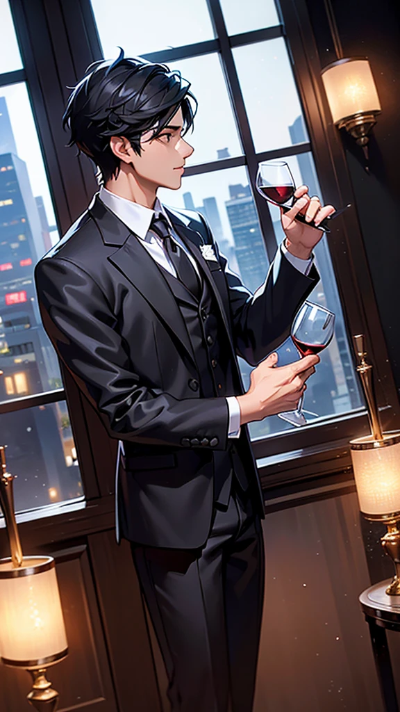 A modern-day illustration showing a person at a formal dinner. The person is holding a wine glass with a raised pinky finger. The scene includes an elegant dining table set with fine china, silverware, and a beautifully decorated background. The person is dressed in formal attire.