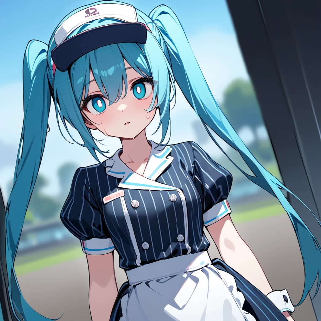 best quality, masterpiece, 1girl, solo, mikunormal, hatsune miku, blue vertical-striped dress, waist apron, visor cap, wrist cuffs, (((sweating))), (((((white pupils))))), blue eyes, ((empty eyes)), (((expressionless))), (parted lips), looking at viewer, standing, arms at side, (face focus),((((sky background)))), ((depth of field)), (((dutch angle))), (dark), [[[shaded face]]],  puffy short sleeves