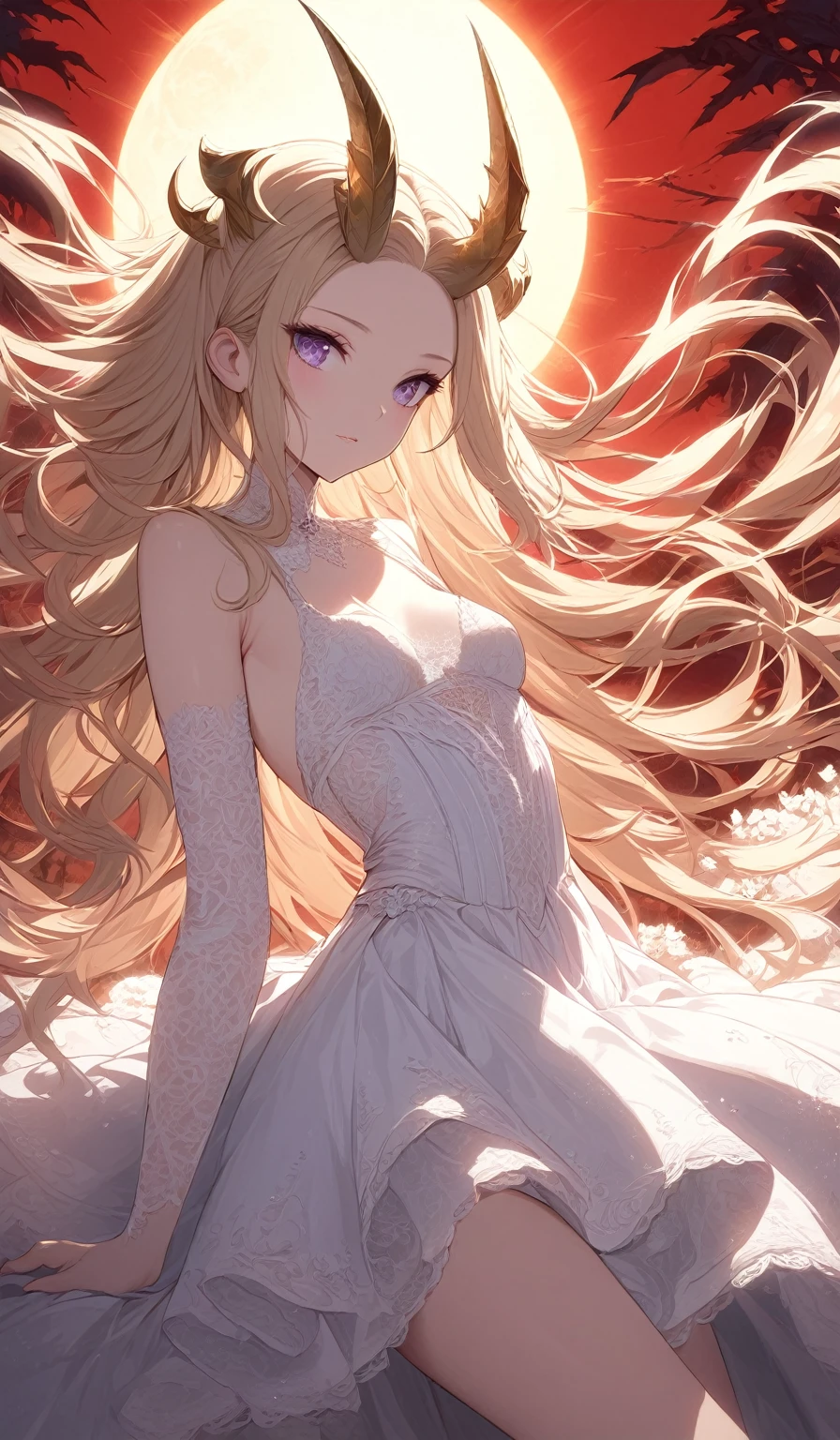 Highest quality, (Background details), High Contrast, Very beautiful girl, Detailed original illustrations,Very small stature、Villain。Fairy, Wavy platinum blonde hair、 Delicate face, charm, Naughty 、White sundress、Real brelat Chest、Crazy Smile, Crazy Eyes, Black background, (Black background: 1. 5), Beautiful line art, Monochrome